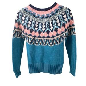 Sundance Womens Teal Pink Fair Isle Cotton Wool Blend Knit Sweater